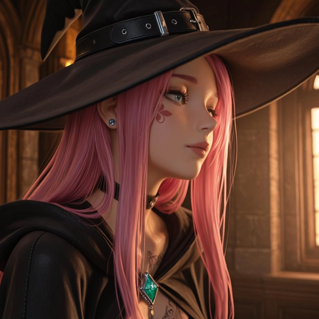 Anime witch teen with tattoos and pink hair and piercings