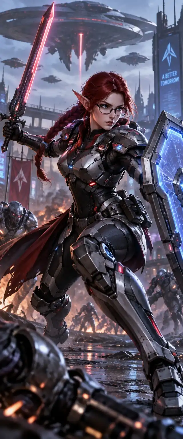 GPT Image-2.5 Sunburst image: Female elf, red hair, glasses, braid, alien ship, cyber warrior, power armor, cyberpunk sword and tech shield, fight pos…