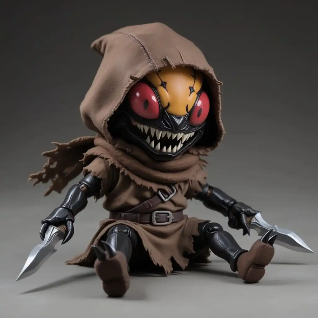 BlenderStyle_ByUrameshi image: male, insectoid, chibi, insect face, sharp teeth, dark tan coloured chitin hide, insectoid arms and legs, claws, red eye…