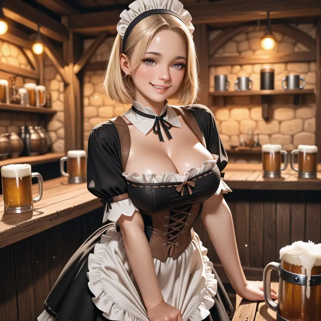 SteinCustom image: cute medieval barmaid cosplay, short blonde feminine hair, low cut peasant dress, busty, tavern, beer mugs, bokeh, tease…