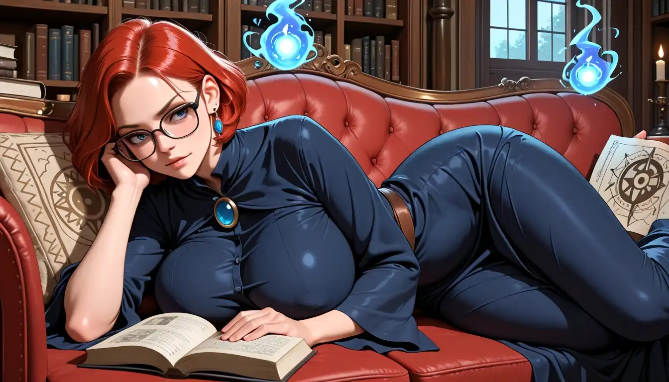 Illustrious iLustMix image: Female human, mage, red short hair, glasses, earrings, huge tits, dark blue witch dress, lying on a sofa while reading a…