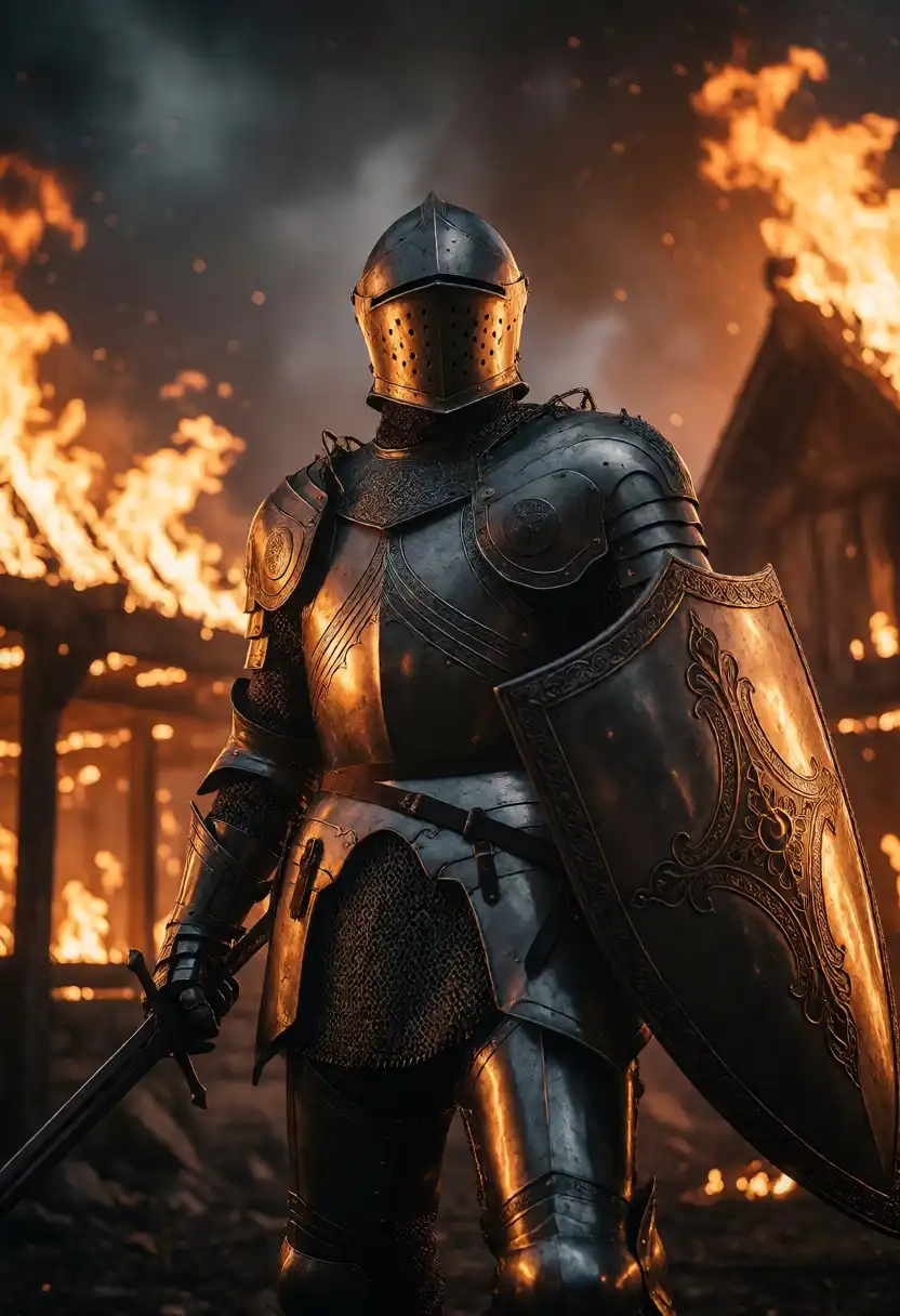 Ray Artshoot image: A lone knight in intricately detailed, shimmering silver armor stands defiantly amidst a burning village, holding a mass…