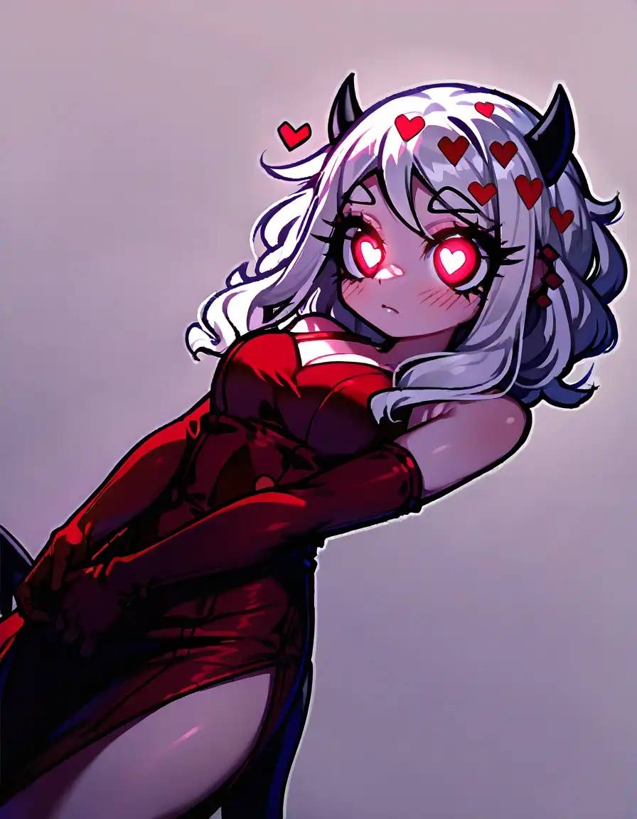 RouWei image: Helltaker Modeus, red corset, white hair, small cute black horns, heart hair clip, crimson eyes, piercing eyes glowing i…