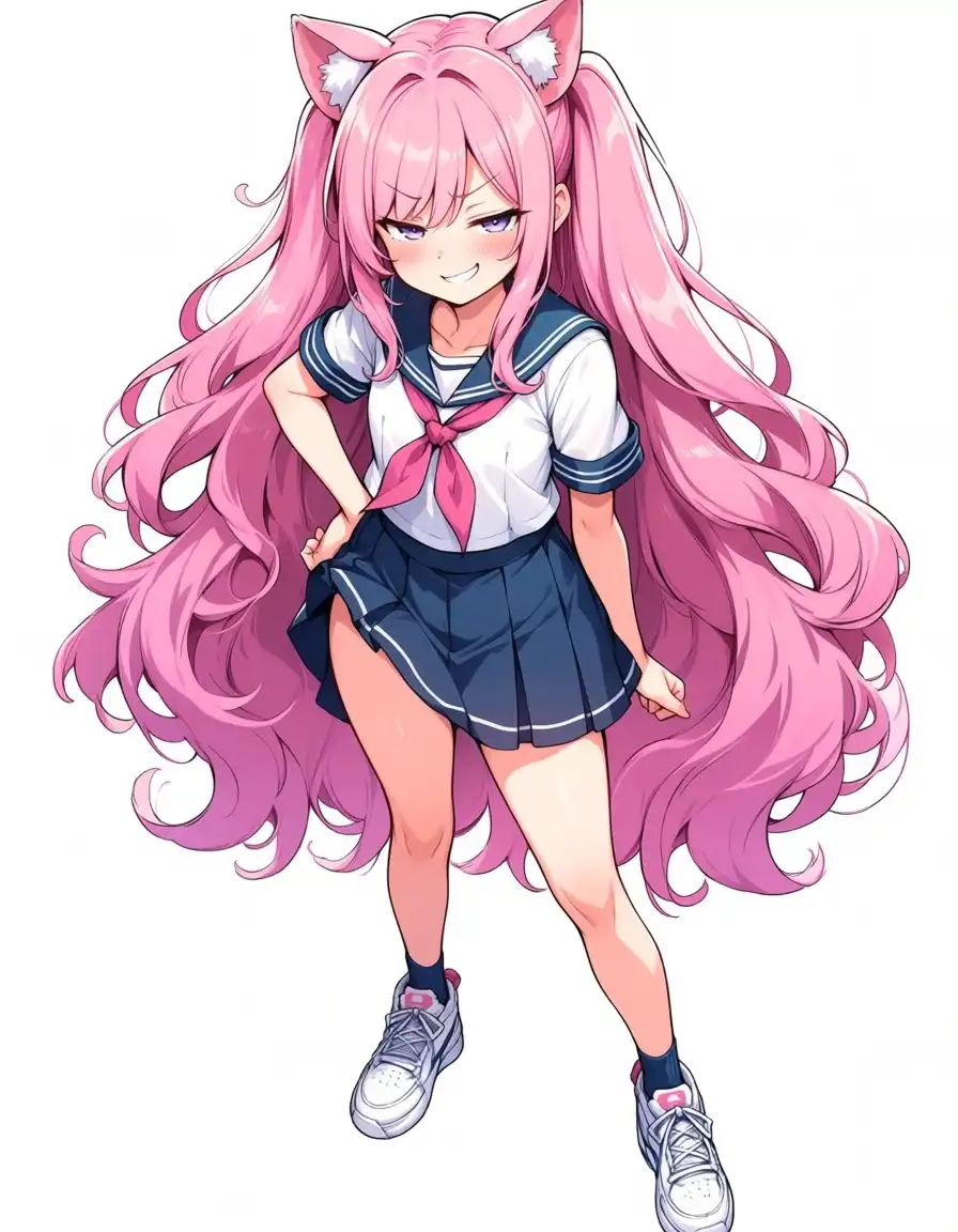 AnimaYume image: Anime-style illustration of a girl with long, wavy pink hair cascading over her shoulders and down her back, soft pink a…