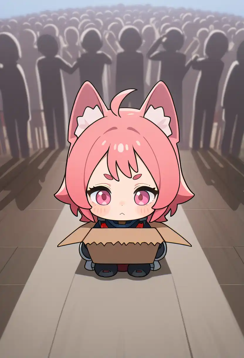 Raehoshi illust XL image: 1girl, catgirl, short pink hair, pink eyes, cute expression, sitting, Gundam armor made of cardboard and tape, anime sty…
