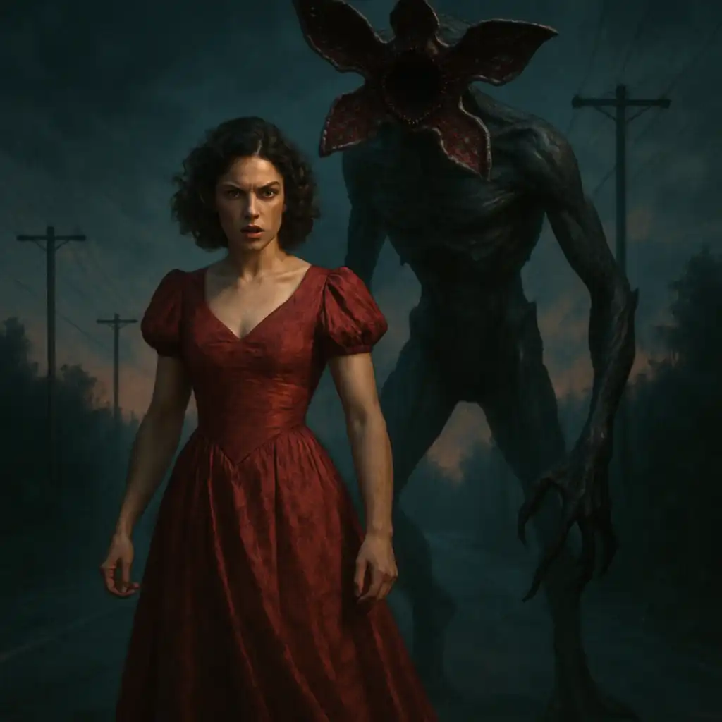 GPT Image-1 image: Driw enemy fore women in beautiful dress in stranger mode