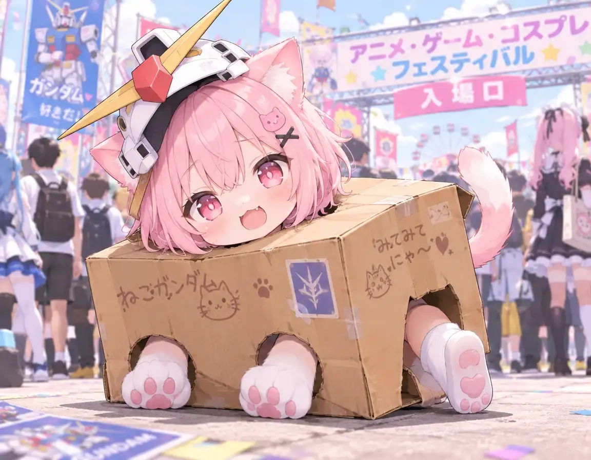 GPT Image-2.5 Flare image: chibi catgirl, short pink hair, pink eyes, cute expression, all_fours, feet or paws visible from holes made in cardboard…