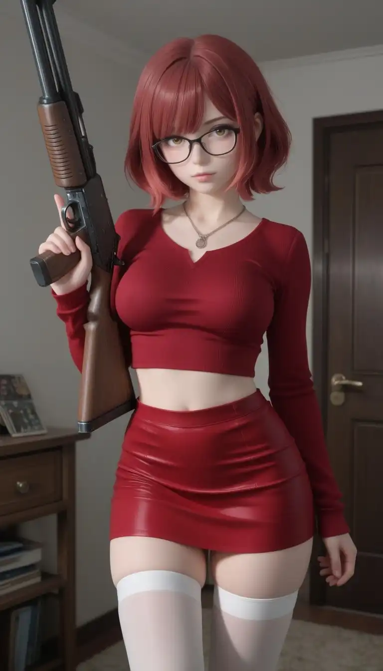BlenderStyle_ByUrameshi image: beautifull girl, short hair, red hair, glasses, red top and red miniskirt, white stay‑up stockings, in a room, hold a a …