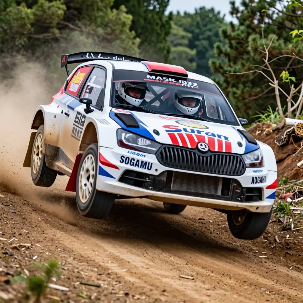 Dark Beast image: It generates an image of a rally car racing on a dirt road. The car has reached the top of a hill and its wheels are sli…