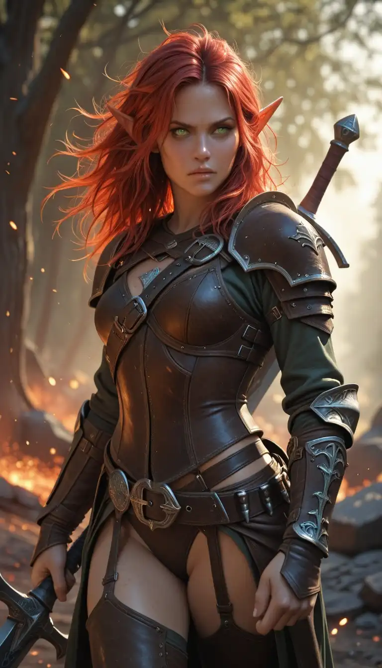 CyberIllustrious Semi-Realistic image: Red‑haired elf with messy hair glowing like embers in sunlight, green eyes, fearful expression, wearing leather armor, d…