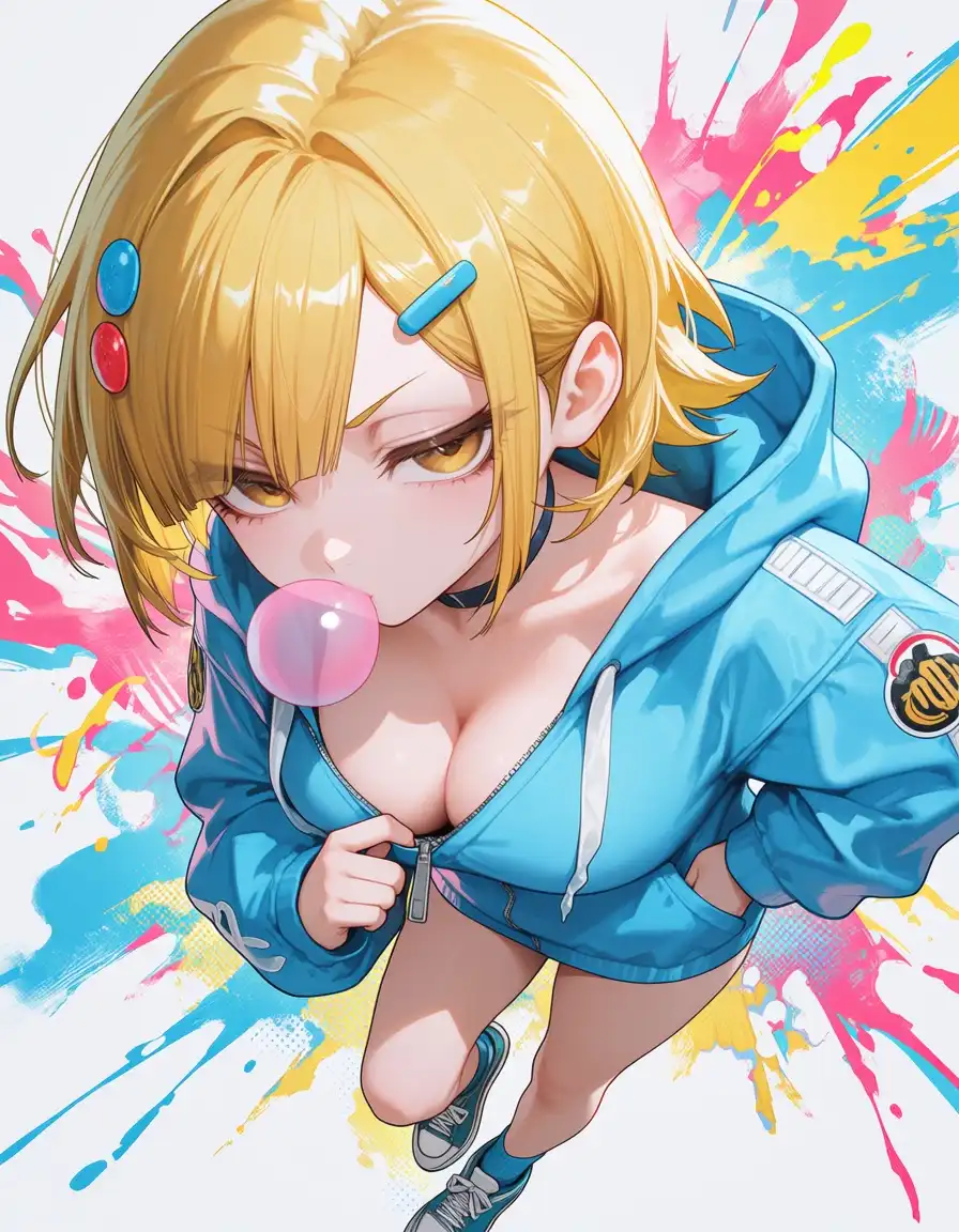 MiaoMiao Harem image: 1girl solo, ((Rukia)) from Bleach, (((cute))) chibi, blue hoodie, street clothes, punk aesthetic, bubble gum, colorful h…