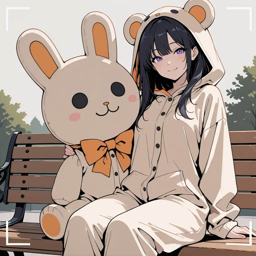 Animij image: An illustration of a person wearing a mascot head of an anime girl's, almost like an anime doll's. She wears an onesie o…