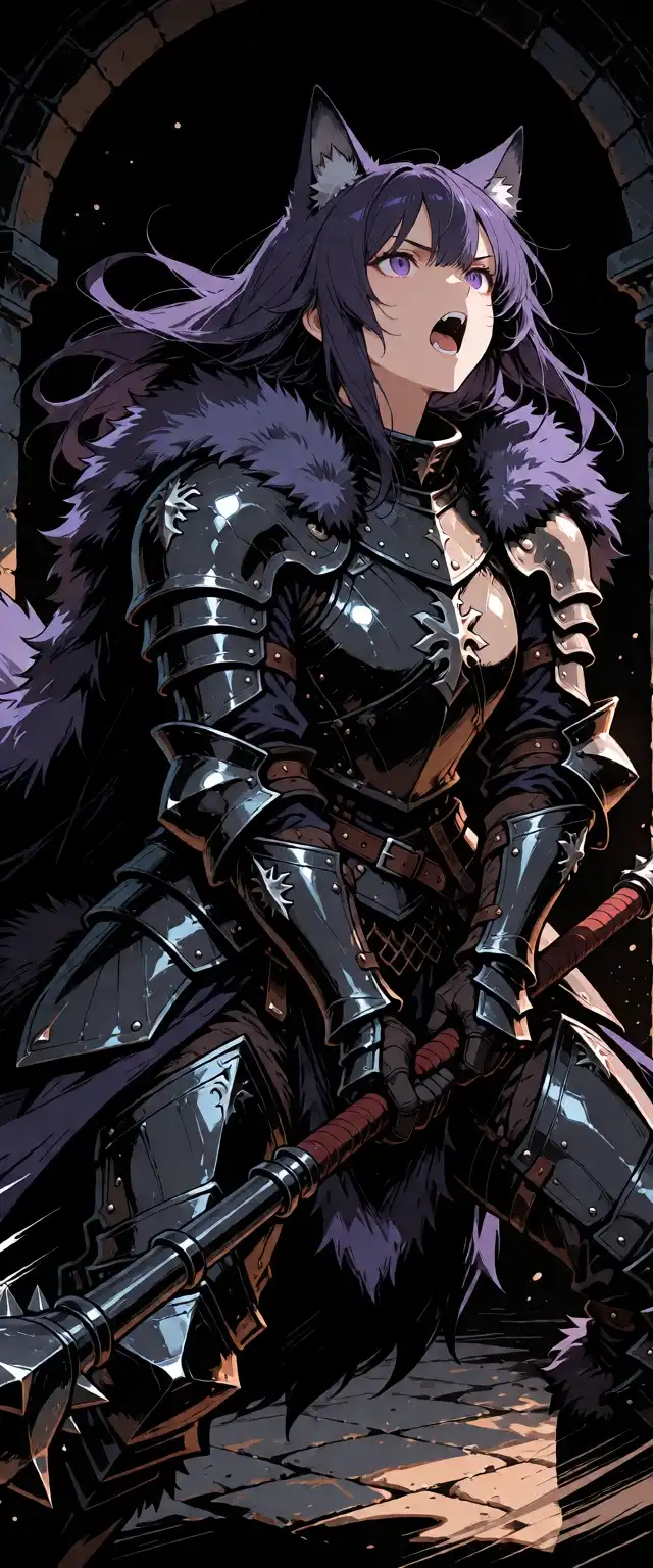 Krea2-Anime image: 1girl, female, human, wolf ears, dark black shadowy black metal plate armour, dark purple wolf pelt, brutal two handed m…