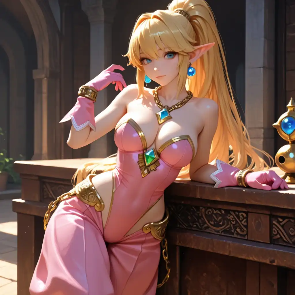 PerfectDeliberate-Anime image: (Primm from Secret of Mana), early 3d video game graphics, bare shoulders, collarbone, sleeveless strapless pink one_pie…