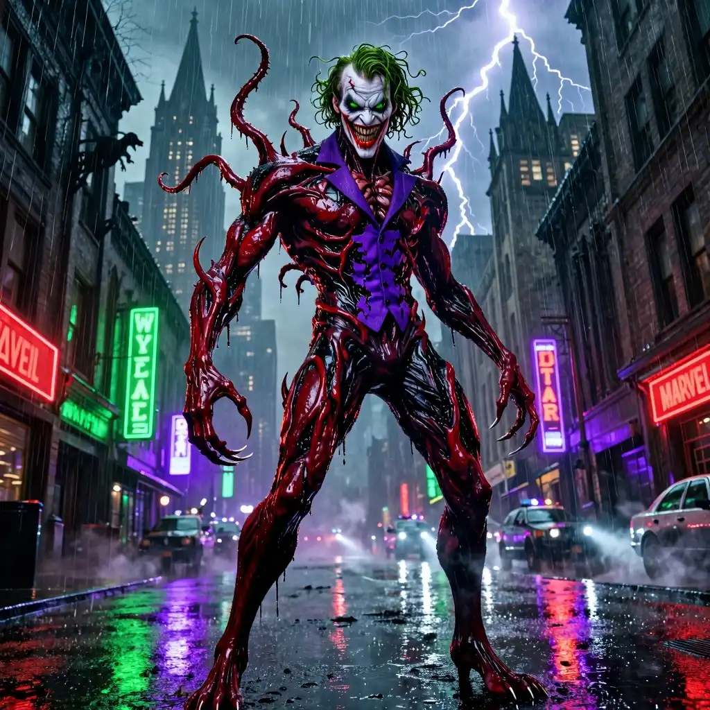 RedCraft Turbo image: Full-body view of a terrifying hybrid of Marvel’s Carnage symbiote and DC’s Joker, standing tall and menacing in the rai…