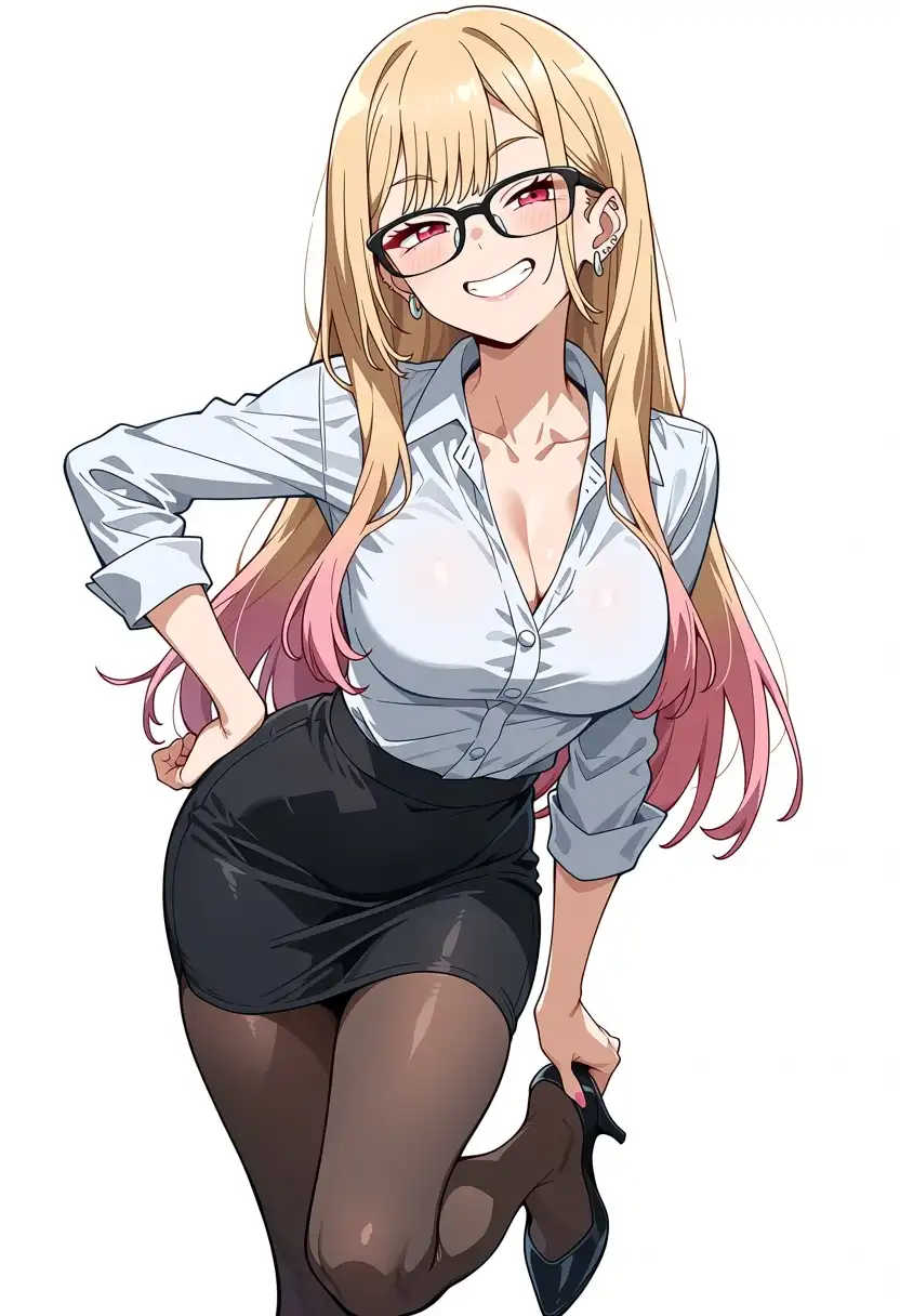 Anima Turbo image: Marin Kitagawa as a stylish office worker, wearing a form-fitting white blouse with the top button undone showing a hint…