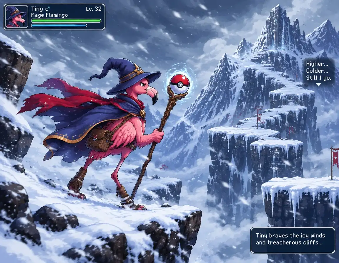 GPT Image-2.5 Flare image: A male mage flamingo named "Tiny" with a Pokeball staff journeying through billowing icy cold winds on the frozen mounta…