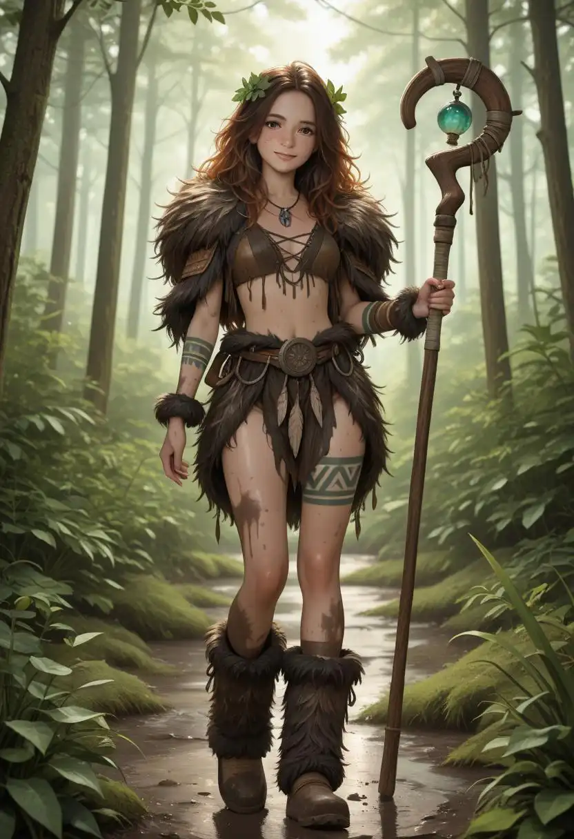 illustrijEVO image: 1girl, brown hair, freckles,wild hair, leaves in hair, hazel eyes, light smile druid, fur armor, fur clothes, fur boots,…