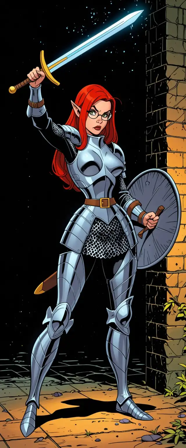 Kraken NOIR image: Female elf, red hair, glasses, dungeon, fantasy warrior, armor, sword and shield, fight pose