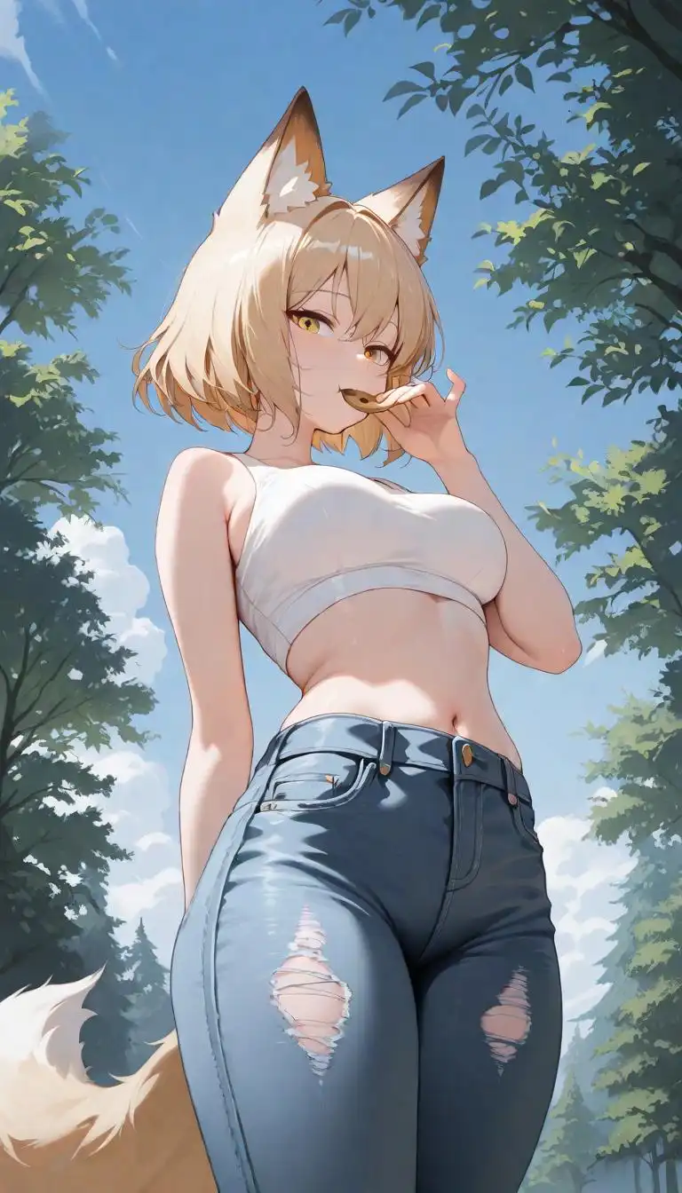 Illustrious Hassuka XL image: 1girl, fox girl, alternate costume, blue sky, breasts, medium breasts, short hair, stand up, forest, solo, yellow eyes, …