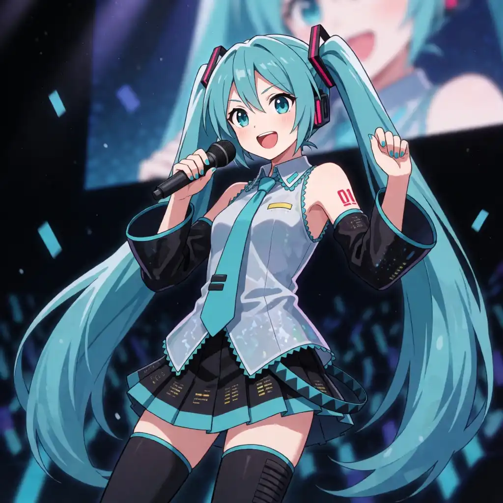 Krea 2 Turbo image: hatsune miku, huge boobs, massive tits, huge nipples, confident, nude, on stage, performing, singing microphone in hand,…