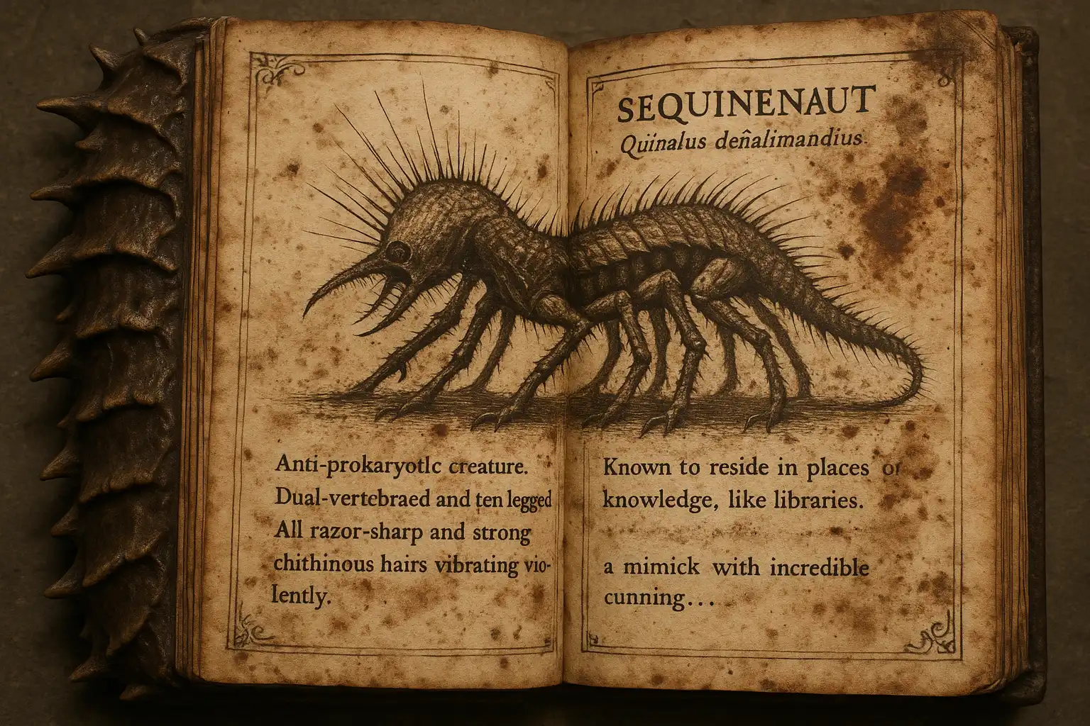 GPT Image-1 image: historic scanned image of a first edition ancient text with a strangely chitinous cover opened to a page on a anti-proka…