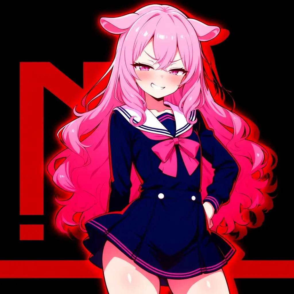 AnimaYume image: Anime-style illustration of a young woman with long, wavy pink hair cascading over her shoulders and down her back, soft…
