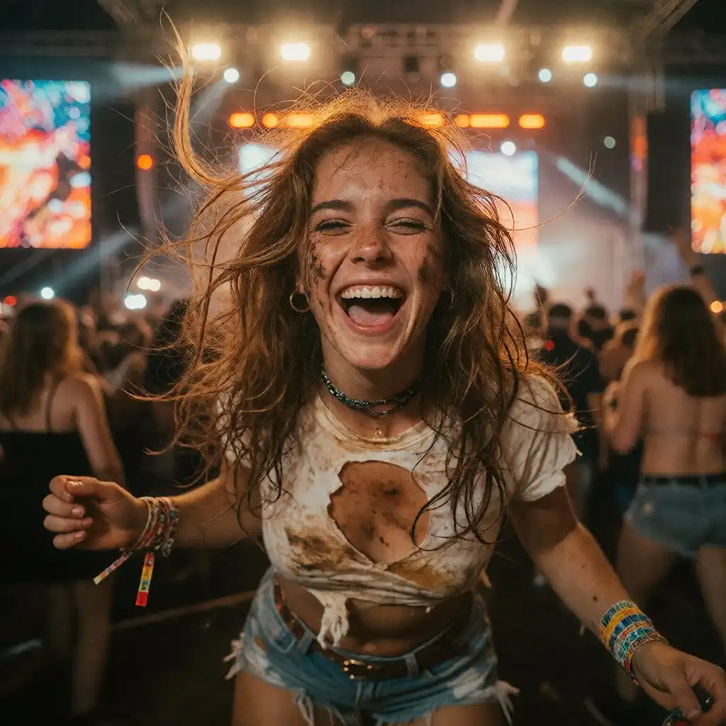Krea2-SAT-DirtyRealism image: A portrait of a vibrant young woman having the time of her life at an outdoor music festival, laughing heartily with mud…