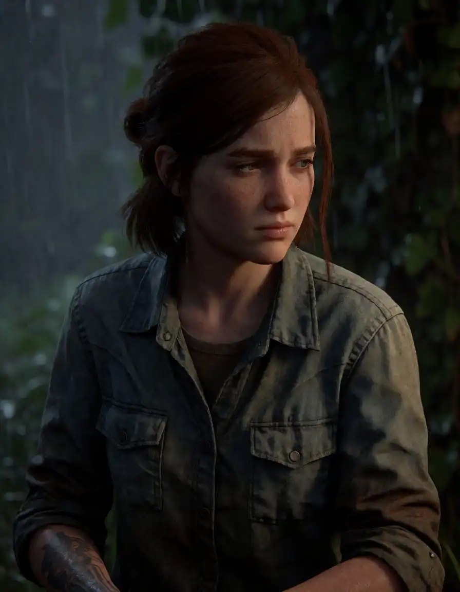 Krea 2 Turbo image: A gritty cinematic close-up of 19-year-old Ellie from The Last of Us Part 2. She has a serious, hardened expression, mes…
