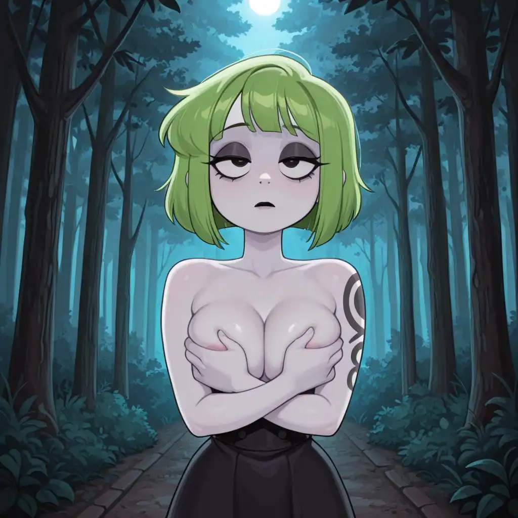 Nova Cartoon XL image: E girl very pale white skin slim build. green hair with bangs. Medium breast, She has black and grey tattoos. Goth style…