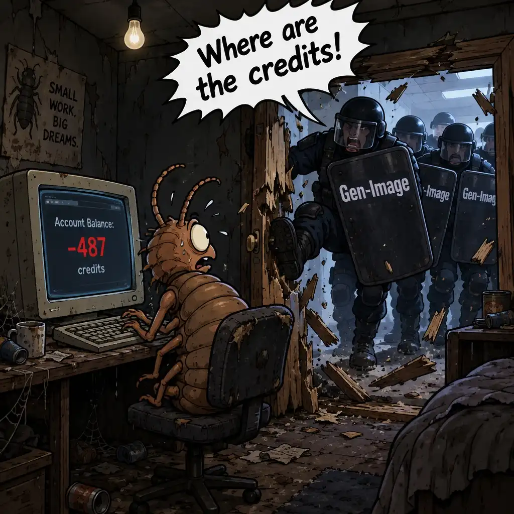 GPT Image-2.5 Flare image: A cartoonish louse sitting in a dark dingy room sitting at an old computer. A squad of riot police with "Gen-Image" writ…
