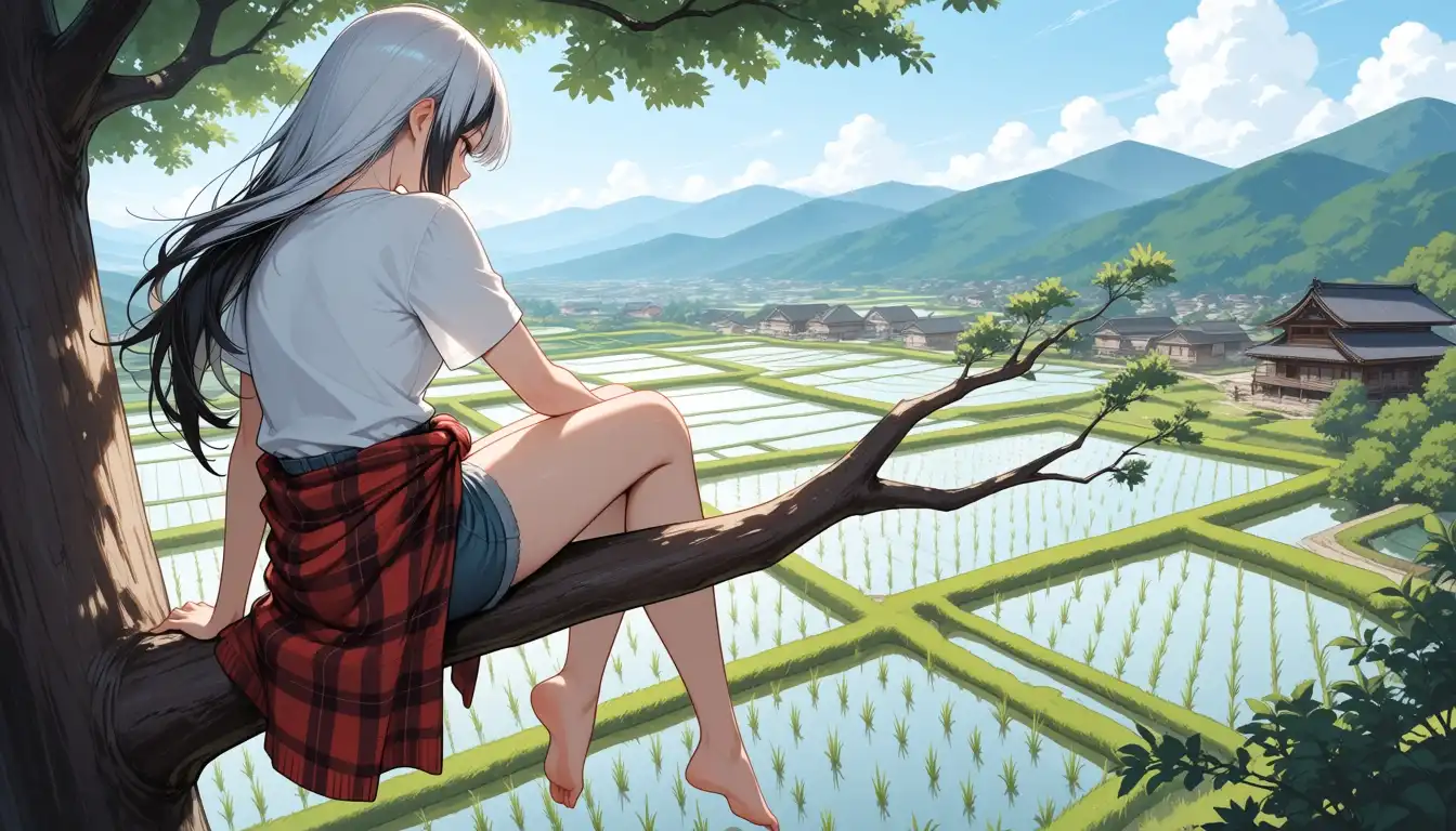 Unholy Desire Mix - Dark Serenity image: 1girl, sat in a tree branch, back to viewer, legs dangling, bare feet, long silver and black hair, shorts, blouse and a …