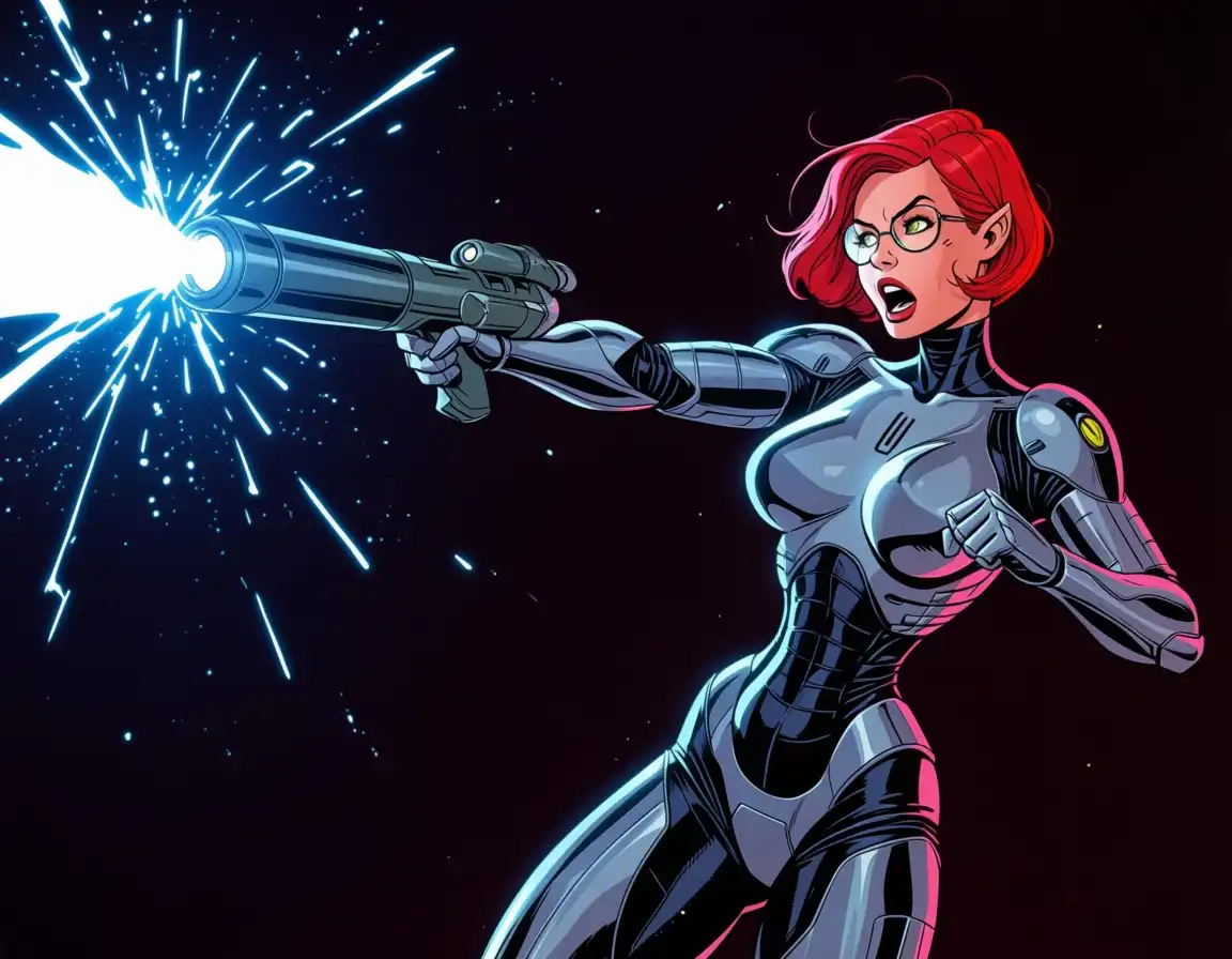 Kraken NOIR image: Female elf, red short hair, glasses, alien ship, cyber warrior, power armor, cyberpunk cannon, fight pose, shoot blast e…