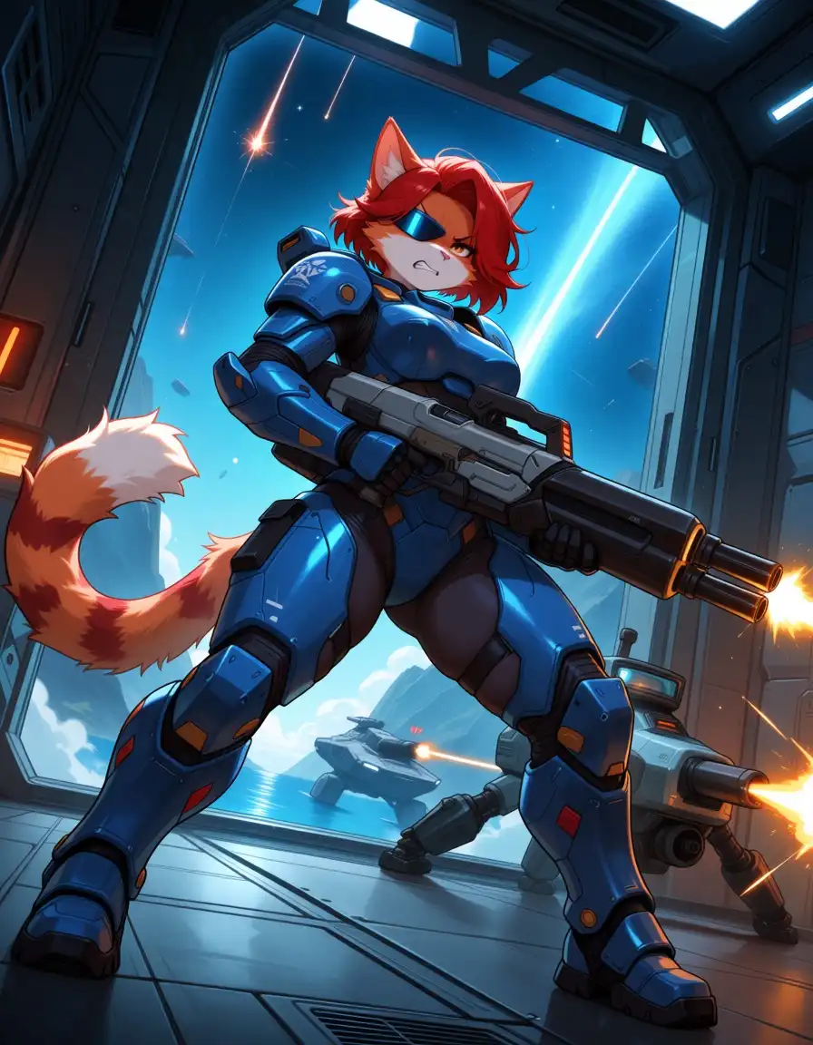 Nova Furry AM image: Female cat, red hair, space ship, cyber warrior, power armor, Gatling, shoot, rage, visor on one eye