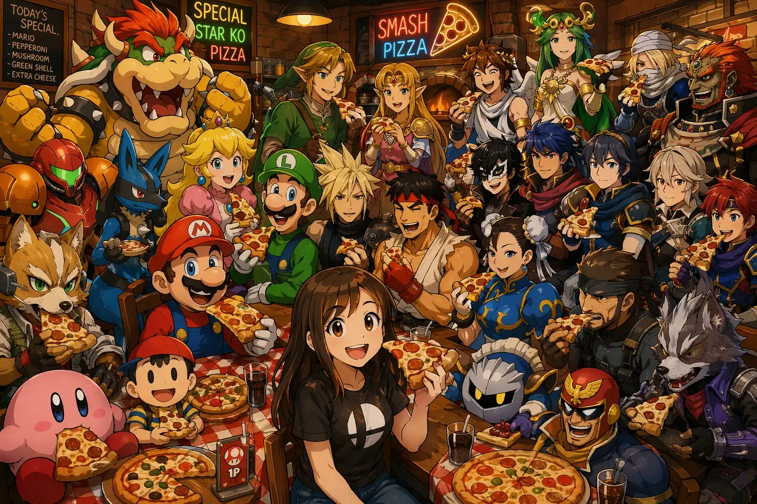GPT Image-2 image: 1girl, pizza slice in hand, smiling, sitting at pizzeria table, (Super Smash Bros Ultimate: characters), Mario, Luigi, P…