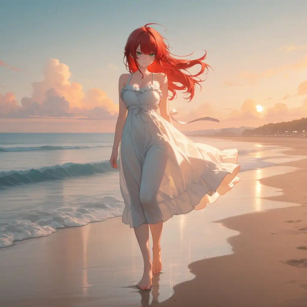 MiaoMiao Harem image: athletic girl on beach, full body, long sundress, barefoot, red hair, green eyes, sunset vibes