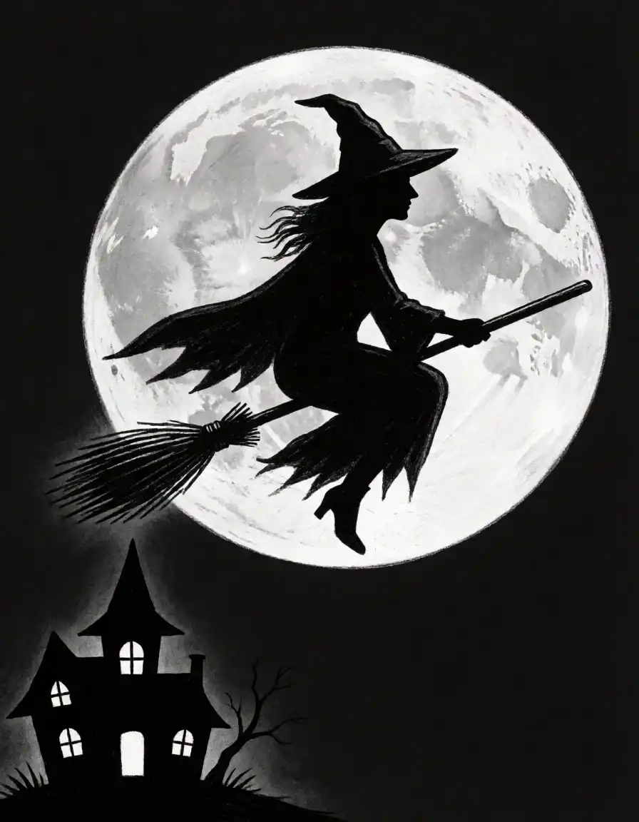 Krea 2 Turbo image: A witch flying on a broomstick in front of a large full moon, with the silhouette of a witch's house in the lower corner…