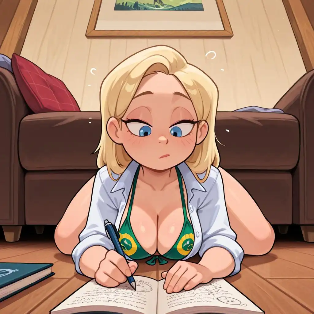 Nova Cartoon XL image: A close-up of an adult woman (~30 years old), sitting on the living room floor. She is leaning over an open sketchbook o…