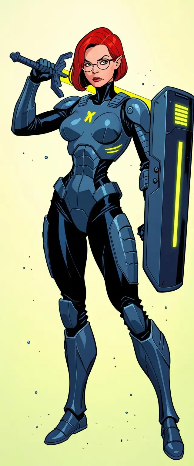 Kraken NOIR image: Female elf, red short hair, glasses, alien ship, cyber warrior, power armor, cyberpunk sword and tech shield, fight pose