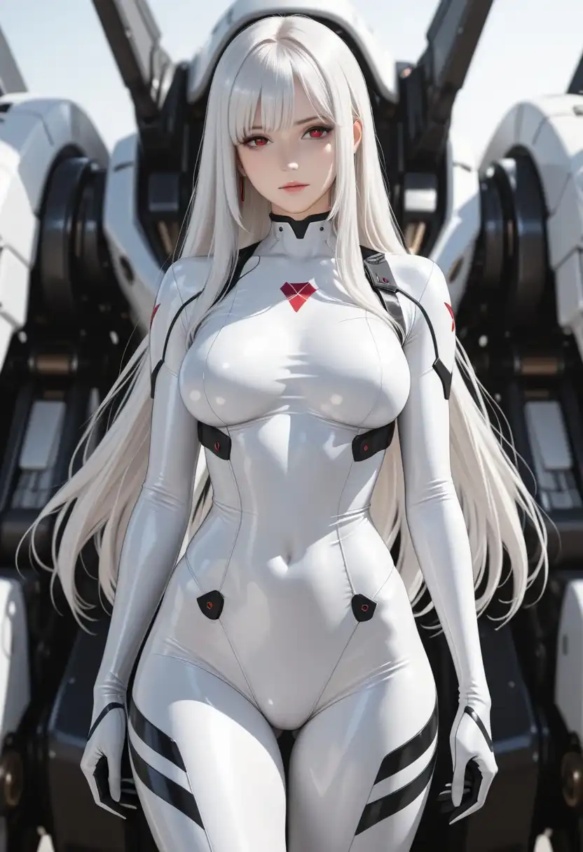 illustrijEVO image: 1girl, solo, beautiful adult female, (mature female, adult female), long straight white hair, red eyes, bangs, medium br…