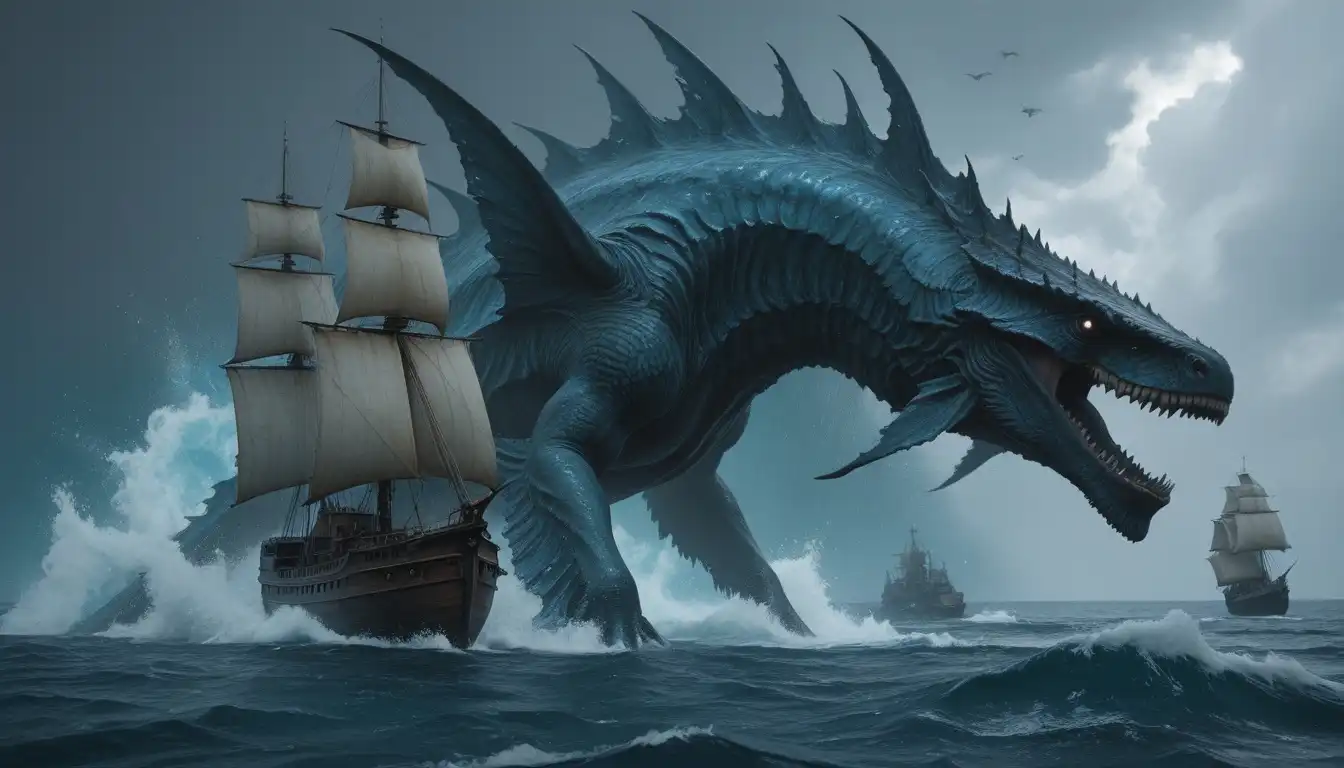 CyberIllustrious Semi-Realistic image: sea, fantasy, long sea monster, tempest sea, deep sea, ship