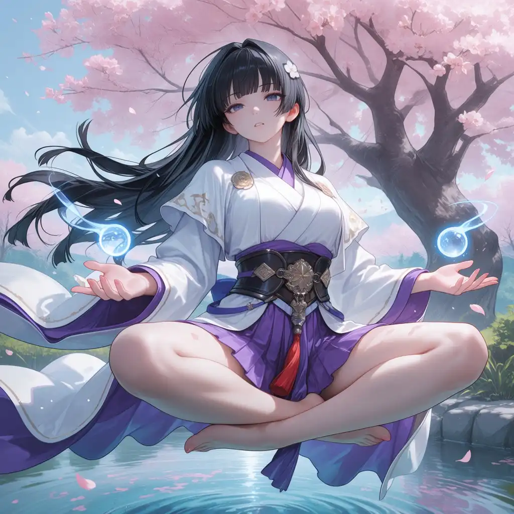 MiaoMiao Harem image: 1 girl, athletic, lotus pose, corss-legged, floating in the air above a pond, cherry tree in background, meditating, eye…