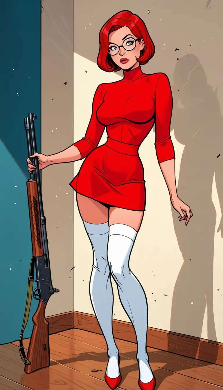 Kraken NOIR image: beautifull girl, short hair, red hair, glasses, red top and red miniskirt, short white stay‑up stockings, in a room, hol…