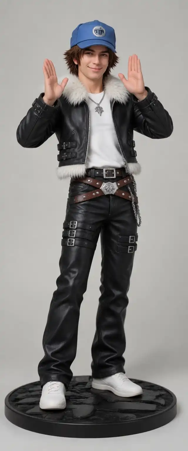 GPT Image-2.5 Flare image: Add Squall Leonhart's jacket over his t-shirt, and change his pants to the ones Squall wears. Leave the rest as is
