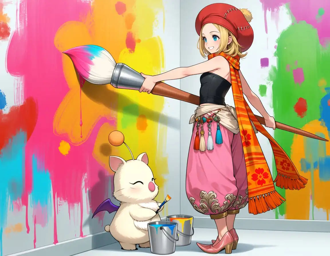 SilvermoonMix-Anima-Evolved image: (((cute))), 1girl, pretty girly (Relm_Arrowny) from Final Fantasy 6, multi-colored scarf orange and red detailed fancy d…