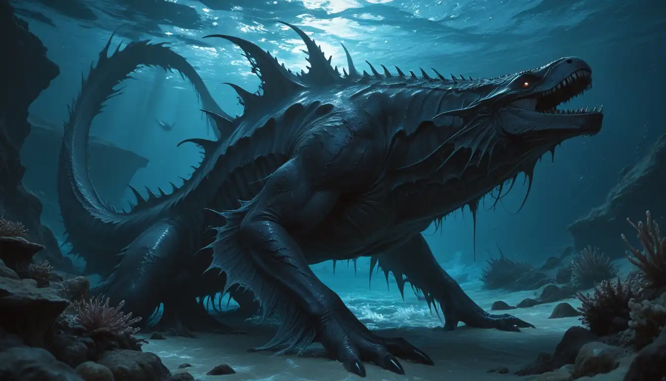 CyberIllustrious Semi-Realistic image: sea, dark fantasy, long sea monster, tempest sea, deep sea under water
