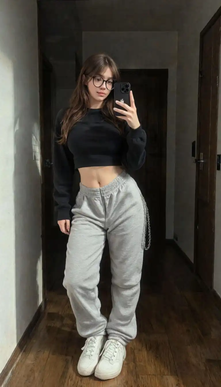 Real Dream image: european girl with brown long hair, taking a selfie, natural post, baggy croptop, baggy gray joggings, chains on the sid…