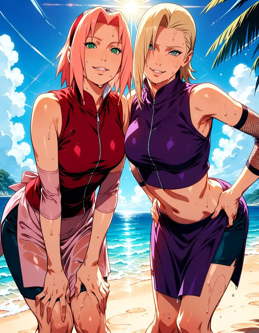 Anima Base image: Sakura Haruno and Ino Yamanaka standing on a tropical beach, posing attractively while leaning forward slightly towards …