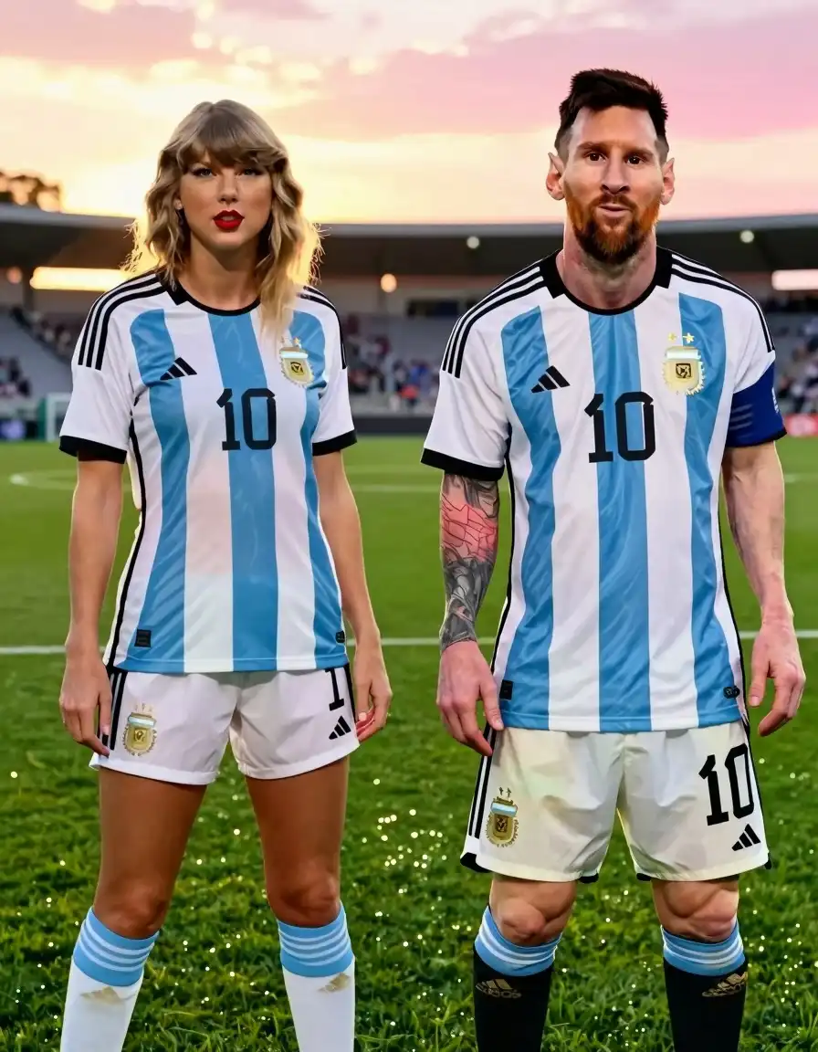 Z-Image Turbo image: Cowboy shot framing Taylor Swift and Lionel Messi from the knees upward, standing side by side on a professional soccer …