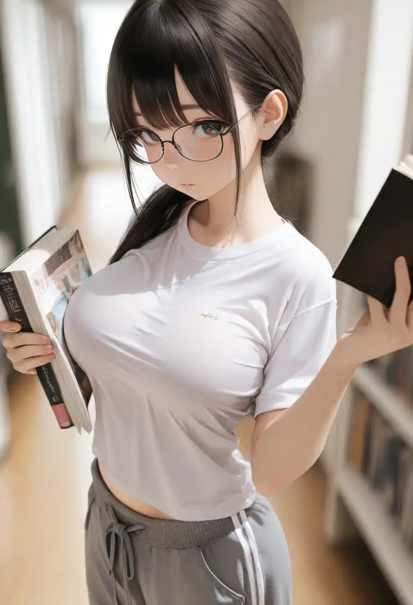 Duel_ILL_AniReal image: 1girl, asian, thick rimmed glasses, taut t-shirt, loose sweatpants, large breasts, petite, holding books, college campus